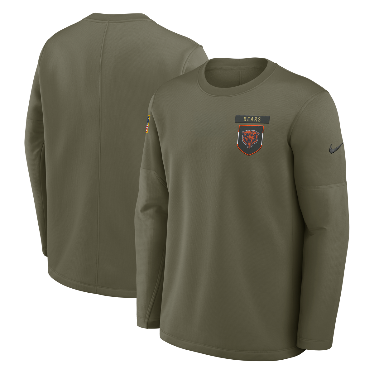 Men's Chicago Bears Olive Green 2025 Salute To Service Nike Pullover Therma Fit Crew Sweatshirt