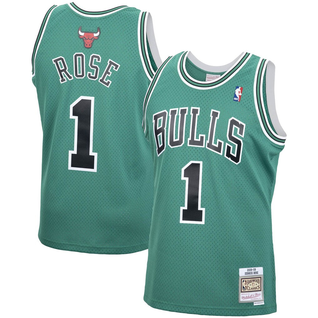Men's Chicago Bulls Derrick Rose Mitchell & Ness Kelly Green 2008-09 St. Patrick's Day Hardwood Classics Swingman Jersey