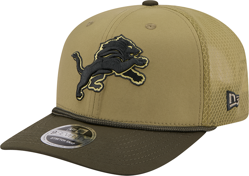 Men's Detroit Lions New Era Green 2025 Salute To Service Sideline 9SEVENTY Trucker Adjustable Hat