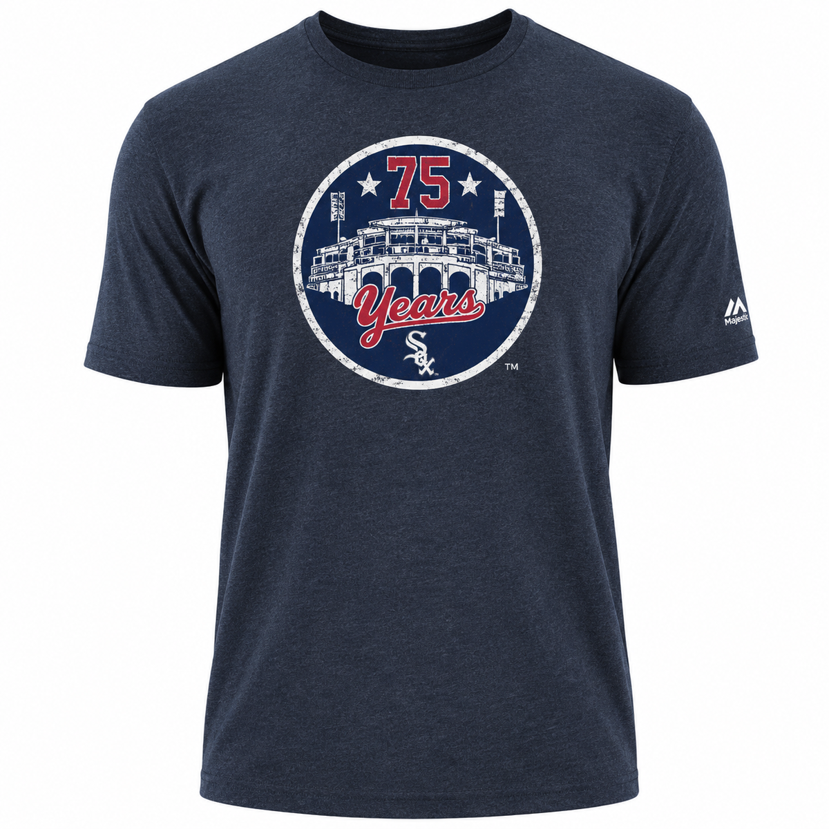 Men's Chicago White Sox Heather Navy Cooperstown Collection Comiskey Park 75th Anniversary Distressed Logo New Era Tee