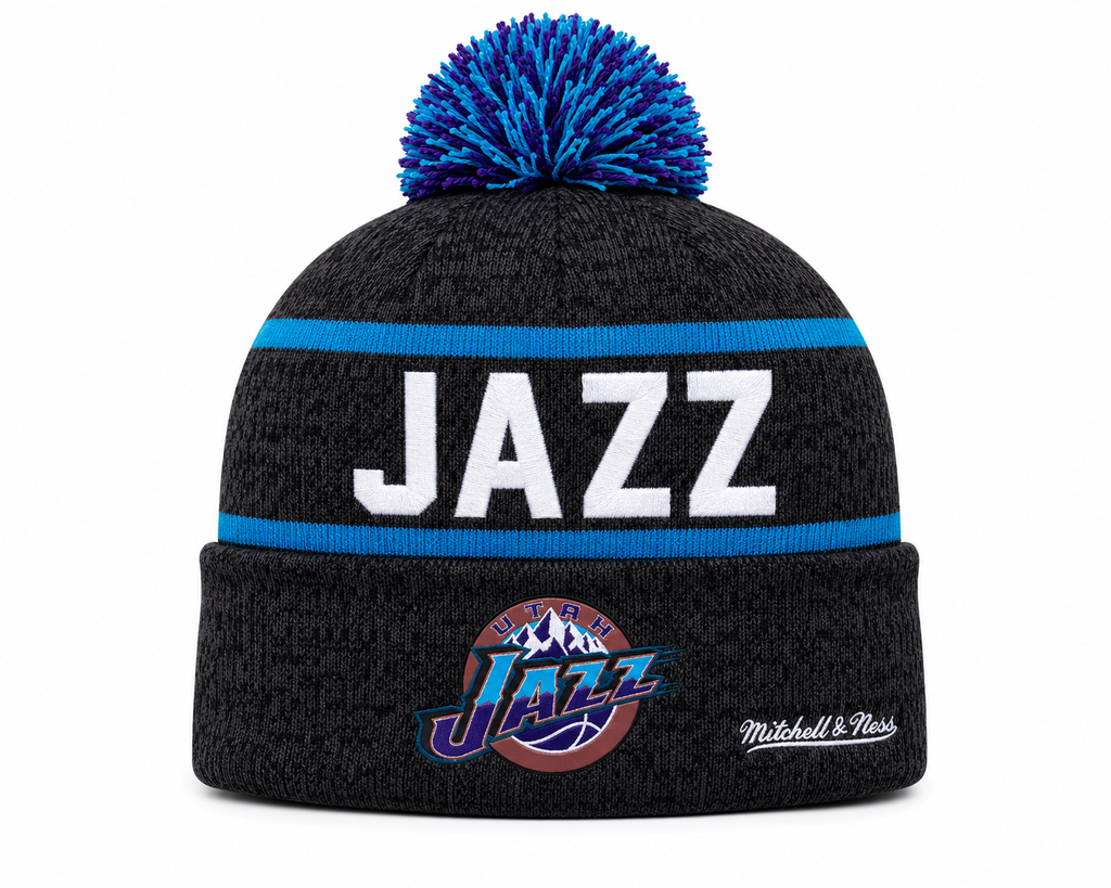 Utah Jazz Mitchell & Ness NBA Reload 2.0 Gray Cuffed Pom Knit Hat