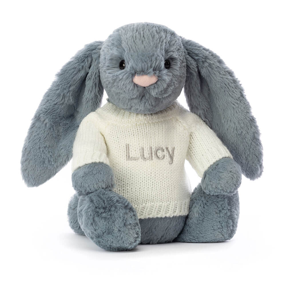 Bashful Dusky Blue Bunny with Personalised Cream Jumper