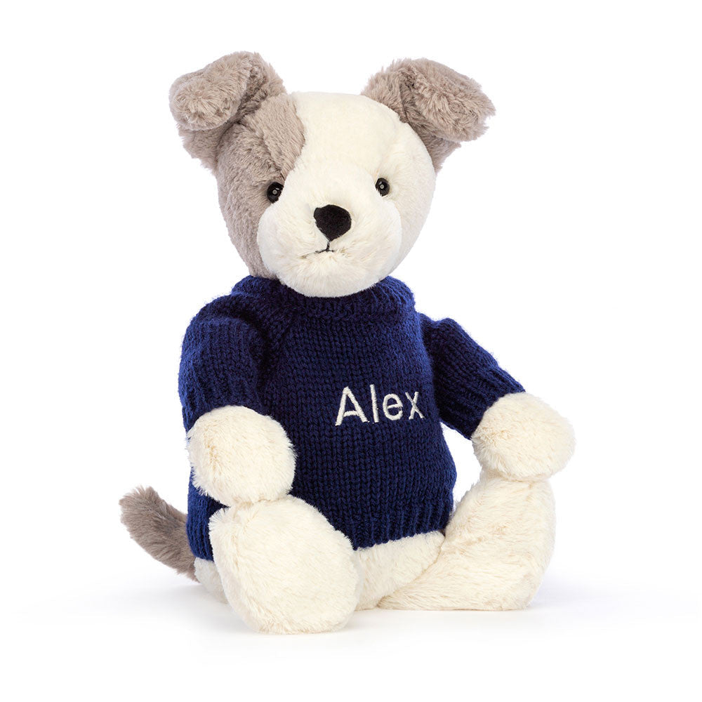 Bashful Terrier with Personalised Navy Jumper