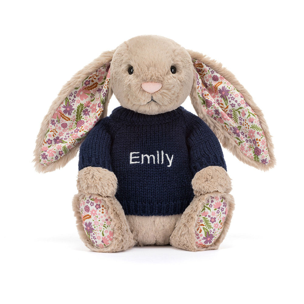 Blossom Beige Bunny 'Petal' with Personalised Navy Jumper