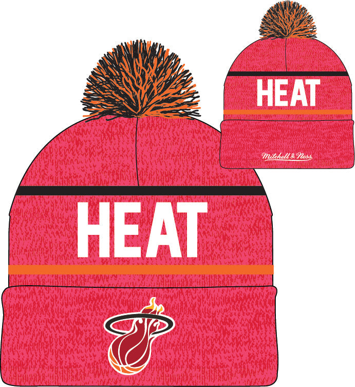 Miami Heat Mitchell & Ness NBA Reload 2.0 Pink Cuffed Pom Knit Hat